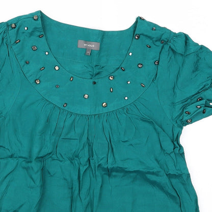 Close-up detail of Et Vous women’s blue basic t-shirt, size UK 8