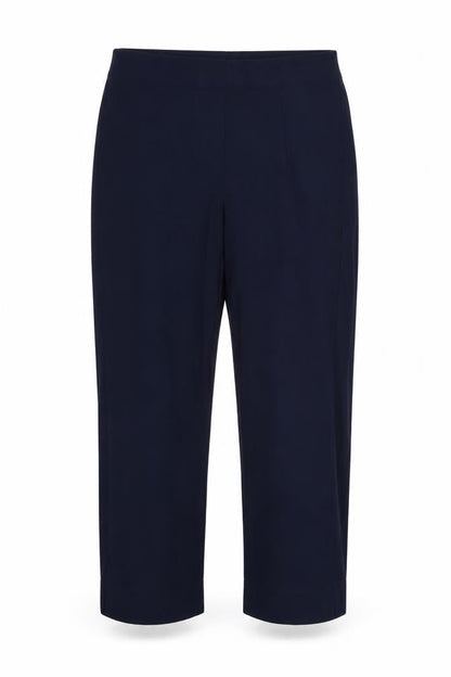 Front view of Preworn women’s blue cropped trousers, size UK 32, in, 22-inch leg