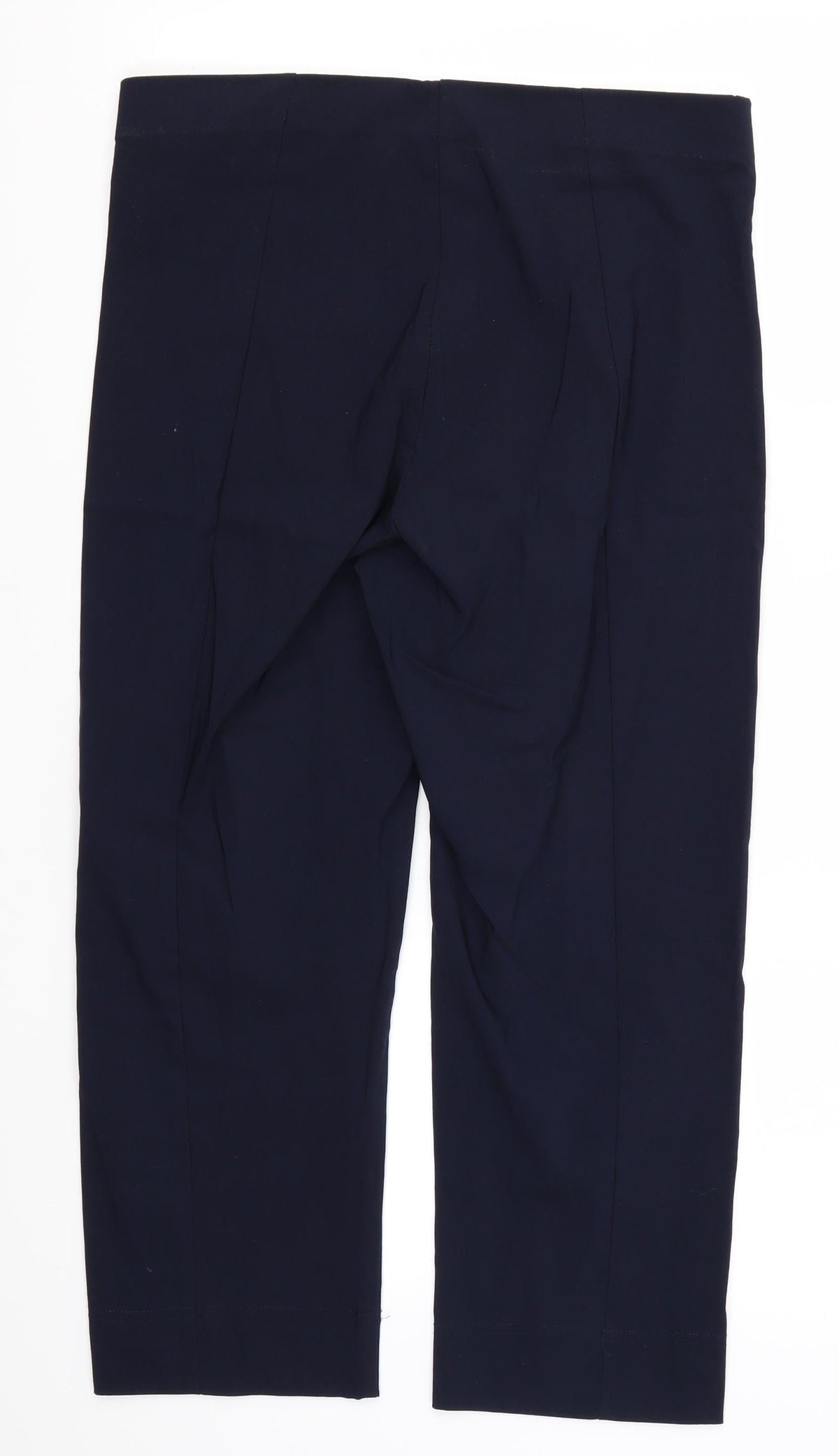 Back view of Preworn women’s blue cropped trousers, size UK 32, in, 22-inch leg