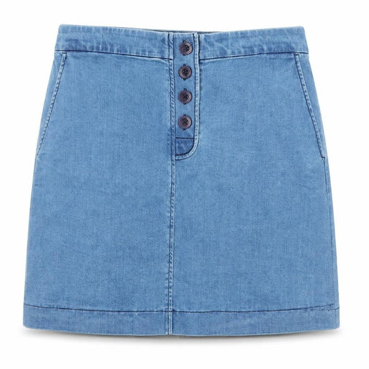 Front view of Preworn women’s blue denim a-line skirt, size UK 32, in