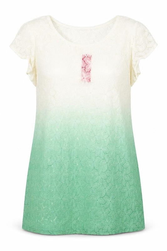 Front view of Happy Holly women’s green floral basic t-shirt, size UK 8, - green ombre