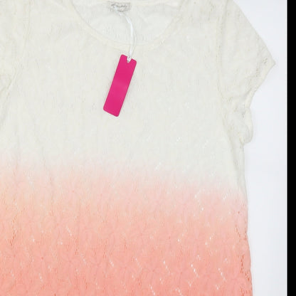 Close-up detail of Happy Holly women’s pink floral basic t-shirt, size UK 8