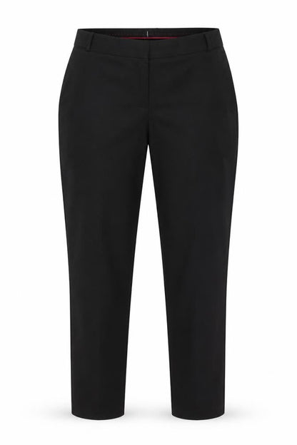Front view of Preworn women’s black trousers, size UK 36, in, 27-inch leg