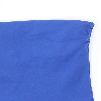 Close-up detail of H&M women’s blue jersey basic t-shirt, size XS