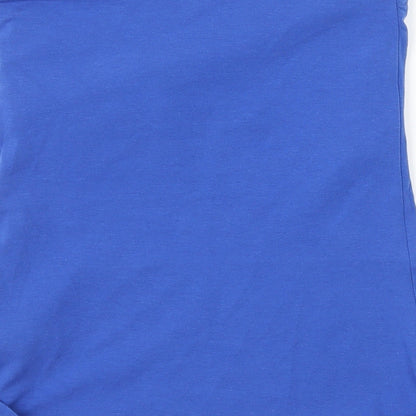 Brand and care label for H&M women’s blue jersey basic t-shirt, size XS