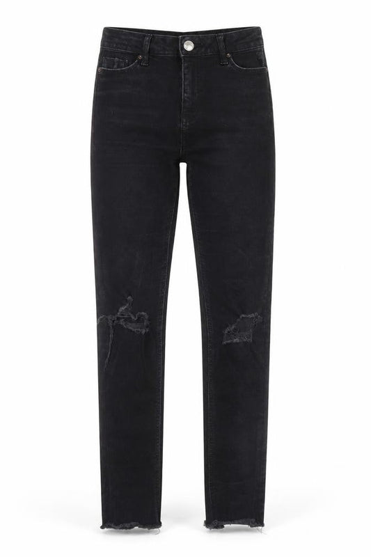Front view of Miss Selfridge women’s black denim straight jeans, size UK 8, 27-inch leg