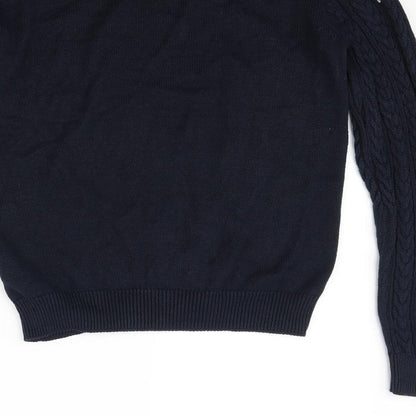Brand and care label for H&M men’s blue jumper, size M