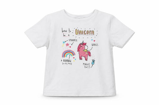 Front view of George girls’ white jersey basic t-shirt, size 9-12, months - unicorn