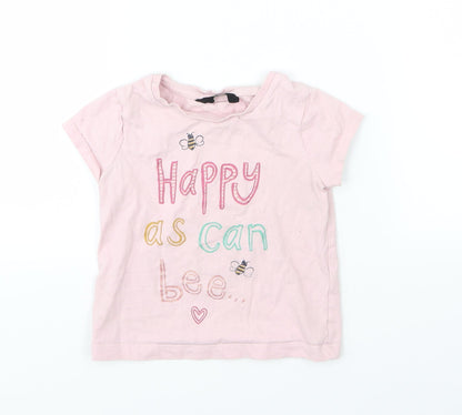 Front view of George girls’ pink jersey basic t-shirt, size 2-3, years - happy