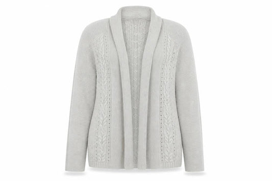 Front view of Marks & Spencer women’s grey cardigan jumper, size UK 10