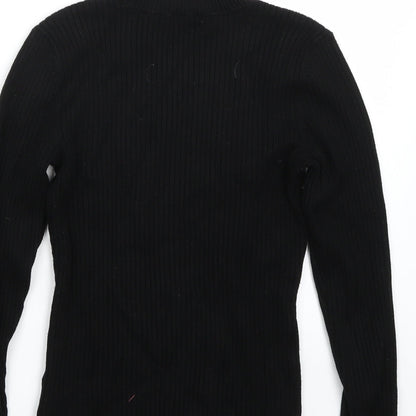 Brand and care label for H&M women’s black basic t-shirt, size S
