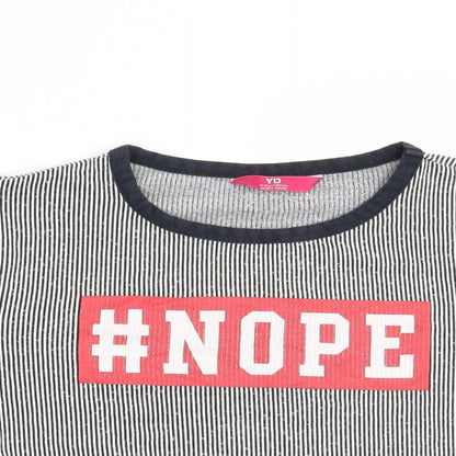 Close-up detail of Young Dimension girls’ blue striped basic t-shirt, size 12-13, years - #nope