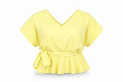 Front view of Quiz women’s yellow basic blouse, size UK 12