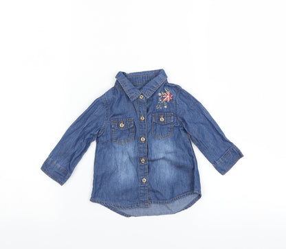 Front view of Young Dimension girls’ blue basic button-up, size 0-3, months - floral embroidery