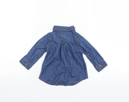 Back view of Young Dimension girls’ blue basic button-up, size 0-3, months - floral embroidery