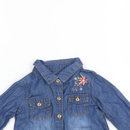 Close-up detail of Young Dimension girls’ blue basic button-up, size 0-3, months - floral embroidery