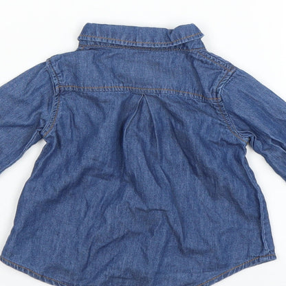 Brand and care label for Young Dimension girls’ blue basic button-up, size 0-3, months - floral embroidery