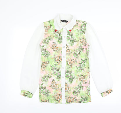 Additional front view of Collection London women’s green floral basic blouse, size S, - sheer lace