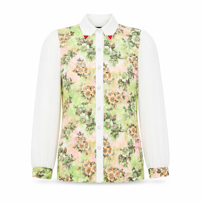 Front view of Collection London women’s green floral basic blouse, size S, - sheer lace