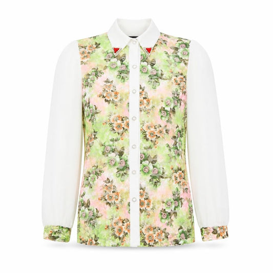 Front view of Collection London women’s green floral basic blouse, size S, - sheer lace