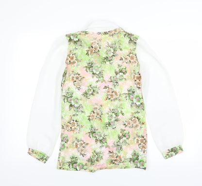 Back view of Collection London women’s green floral basic blouse, size S, - sheer lace