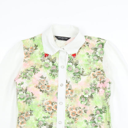 Close-up detail of Collection London women’s green floral basic blouse, size S, - sheer lace
