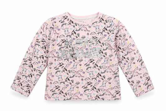 Front view of Pep&Co girls’ pink basic t-shirt, size 5-6, years - alwyas dreaming unicorn pattern
