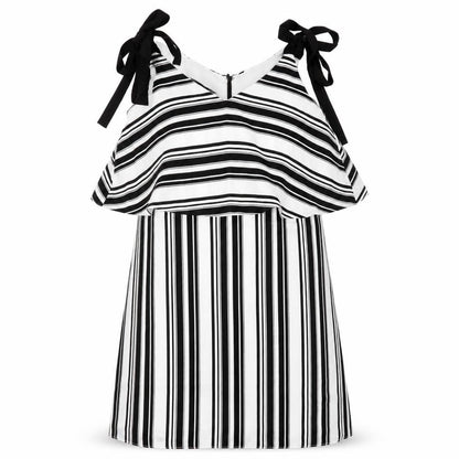 Front view of Miss Selfridge women’s black striped shift, size UK 12