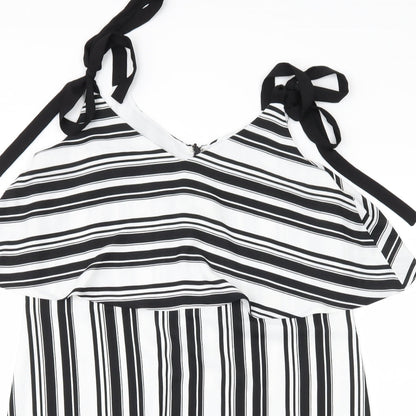 Close-up detail of Miss Selfridge women’s black striped shift, size UK 12