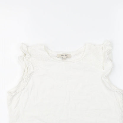 Close-up detail of Oasis women’s white basic tank, size S
