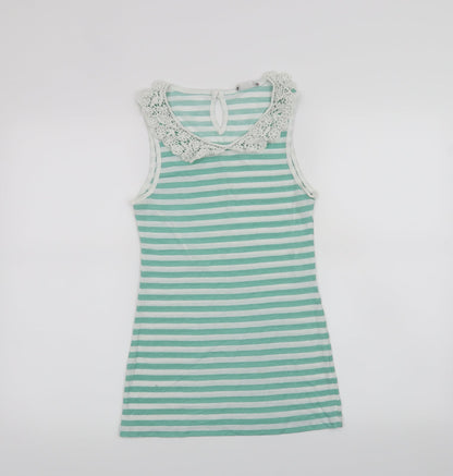 Front view of Clockhouse women’s green striped basic tank, size M