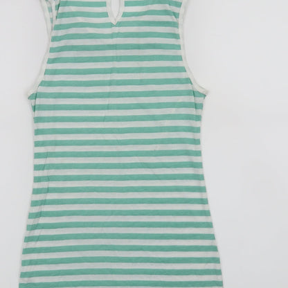Brand and care label for Clockhouse women’s green striped basic tank, size M