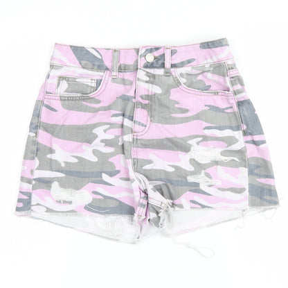 Front view of New Look girls’ pink camouflage cargo shorts, size 14, years