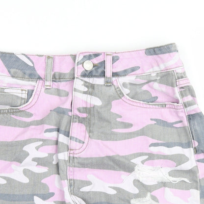 Close-up detail of New Look girls’ pink camouflage cargo shorts, size 14, years