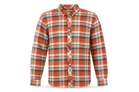 Front view of Debenhams men’s red plaid button-up, size L
