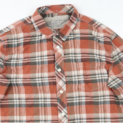 Close-up detail of Debenhams men’s red plaid button-up, size L