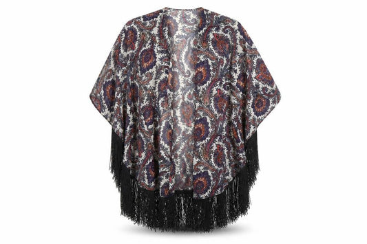 Front view of Select women’s multicoloured paisley kimono poncho, size UK 12, - tassel hem