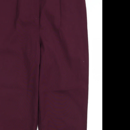 Close-up detail of New Look women’s purple trousers, size UK 12, 27-inch leg