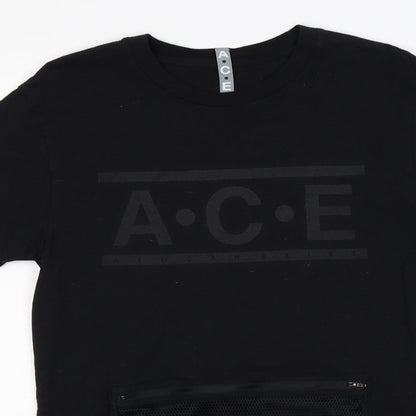 Close-up detail of A.C.E men’s black t-shirt, size M, - all can exist