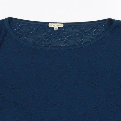 Close-up detail of River Island women’s blue floral knit jumper, size UK 12