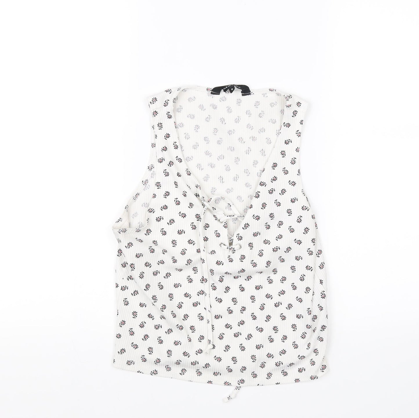 New Look Womens White Floral  Cropped Blouse Size 8