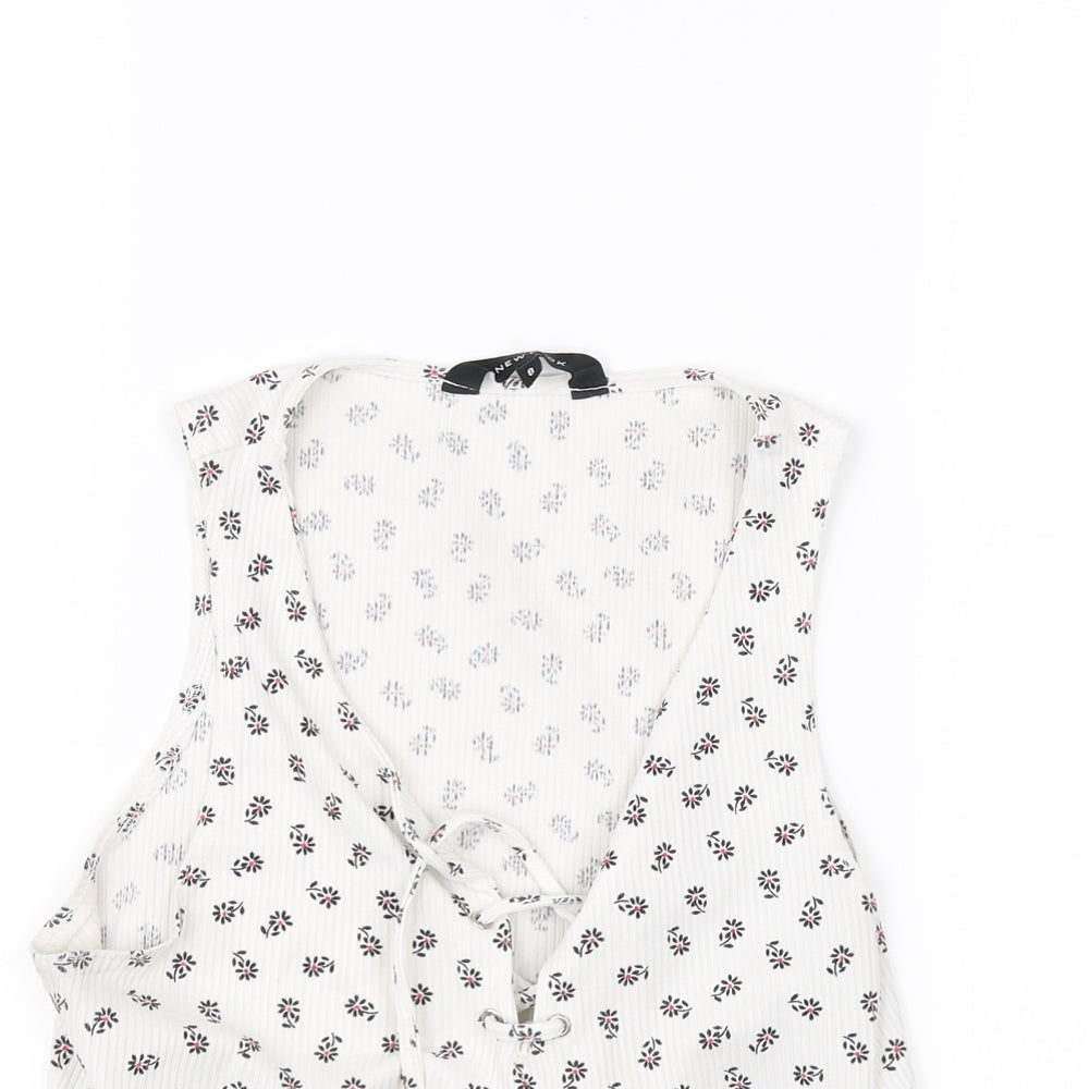 New Look Womens White Floral  Cropped Blouse Size 8