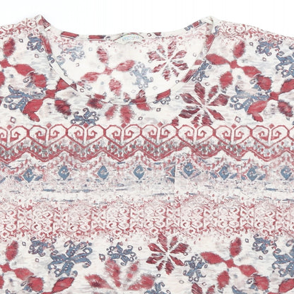 Close-up detail of Marks & Spencer women’s red geometric basic t-shirt, size UK 8