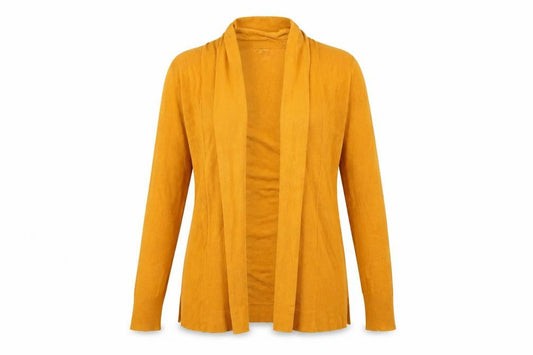 Front view of Primark women’s yellow knit cardigan jumper, size UK 6