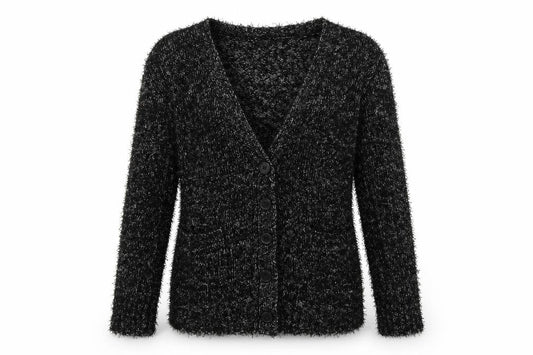 Front view of South women’s black knit cardigan jumper, size UK 14