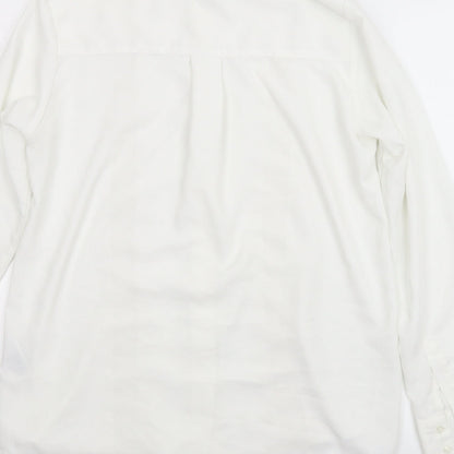 Brand and care label for H&M women’s white basic button-up, size UK 6