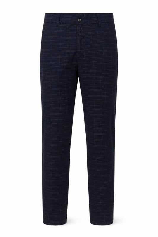Front view of Fashion Apparel men’s blue trousers, size 34, in, 29-inch leg