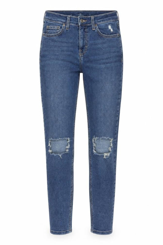 Front view of Topshop women’s blue denim skinny jeans, size UK 26, in, 32-inch leg - distressed