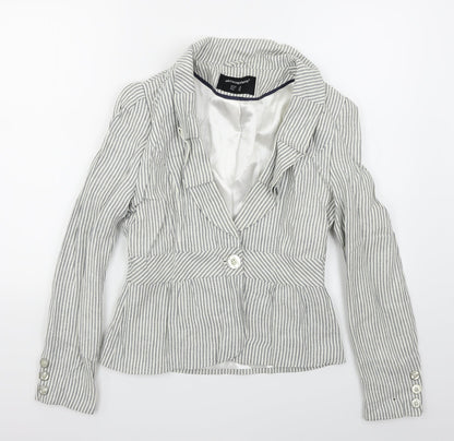 Front view of Atmosphere women’s blue striped jacket blazer, size UK 10