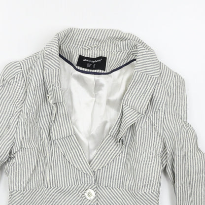Close-up detail of Atmosphere women’s blue striped jacket blazer, size UK 10